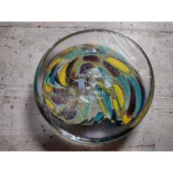 Bedrock Industries Recycled Glass Round Flat Paperweight Spots Yellow Brown Blue - Picture 7 of 9